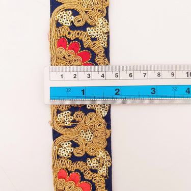 Navy Blue Art Silk Trim With Intricate Floral Embroidery With Sequins, Lace Trim, Indian Lace Trim